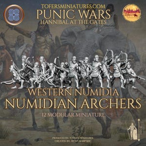 May include: Miniature figures of Numidian Archers from the Punic Wars, with the text "Western Numidia Numidian Archers" and "12 Modular Miniature". The figures are approximately 28 mm tall.