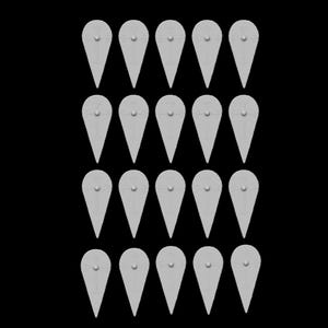 May include: A collection of twenty-one light gray, teardrop-shaped objects arranged in rows against a black background. Each object has a small, circular indentation near the top.