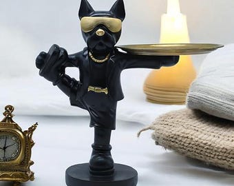 Bandeja de valet de bulldog hipster / Figura de perro de resina, decoración de escritorio