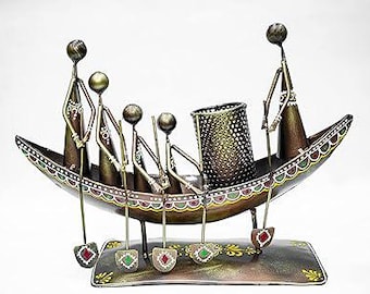 Portalápices de metal con forma de barco, pieza de exhibición para 5 personas, organizador de escritorio