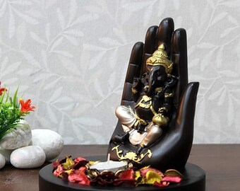 Figura decorativa de Ganesha de palma hecha a mano sobre base de madera con vela - 17 cm (poliresina, multicolor)