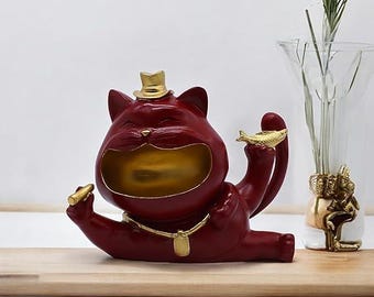 Bandeja de valet Happy Cat con figurita de gato rojo divertida para llaves, dulces y joyas