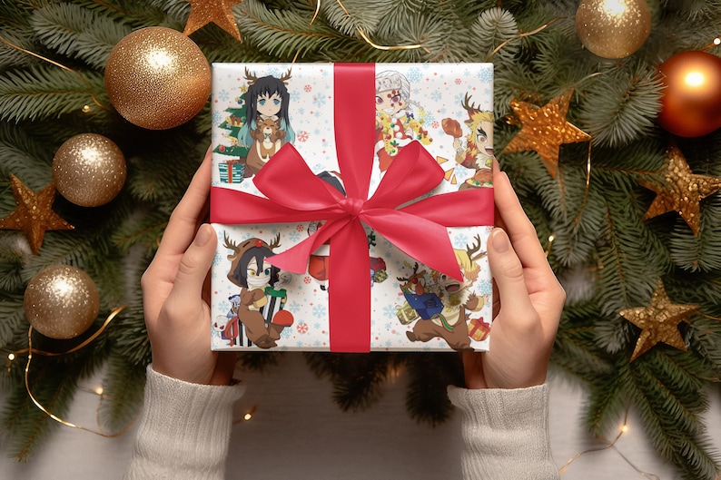 Chibi Demon Slayer Boy Edition Wrapping Paper, Anime Gift Wrap, Kimetsu no Yaiba, Anime wrapping paper, Chibi wrap, Otaku wrap, Demon Slayer image 1