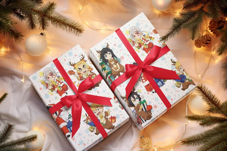 Chibi Demon Slayer Boy Edition Wrapping Paper, Anime Gift Wrap, Kimetsu no Yaiba, Anime wrapping paper, Chibi wrap, Otaku wrap, Demon Slayer image 2