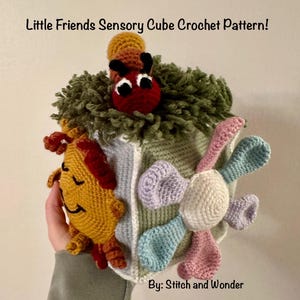 Può includere: Un cubo sensoriale all'uncinetto colorato con diverse texture e forme, tra cui un bruco, un sole e un fiore. Il cubo è realizzato con una varietà di colori, tra cui verde, rosso, giallo, blu e rosa. Il testo "Little Friends Sensory Cube Crochet Pattern!" è in alto nell'immagine. Il testo "By: Stitch and Wonder" è in basso nell'immagine.