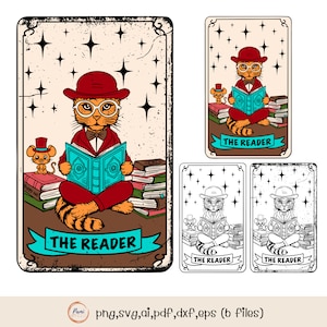 De lezer tarotkaart digitale download - kat lezen boekillustratie - multi-indeling - grillige tarot svg, png, ai, pdf, dxf, eps
