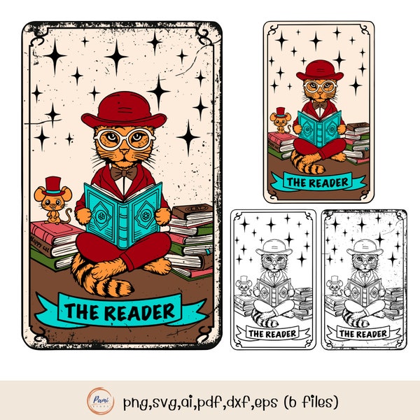 The Reader Tarot card digital download - Cat Reading Book illustration - Multi-Format - Whimsical Tarot svg, png, ai, pdf, dxf, eps