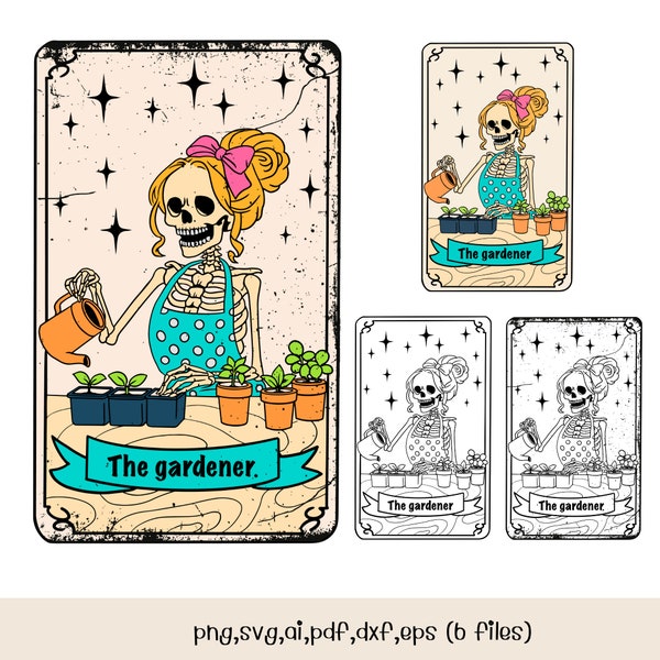The gardener tarot card digital files / Skeleton planting trees illustration / Mystical gardener svg, png, pdf, ai, dxf, eps