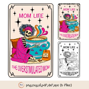 Mama Leben Skelett Illustration-Quirky überstimulierte Mama Kaffee digitale Kunst, buntes Skelett für sie, Tarot Karten png svg pdf AI EPS DXF