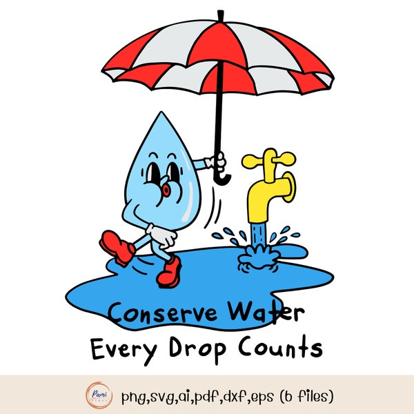 Earth Day Water Conservation SVG & PNG Bundle - Water Drop, Umbrella, Faucet Flow Illustrations - Eco Awareness Digital Art