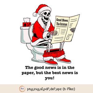 Divertido esqueleto navideño de Papá Noel en el inodoro / Buenas noticias navideñas / Arte digital / Diseño de humor navideño en color y blanco y negro