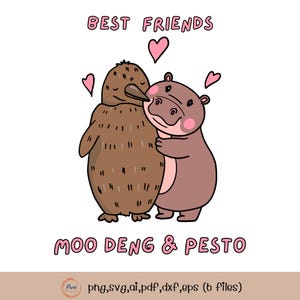 Hipopótamo y pingüino mejores amigos SVG / Diseño de amistad de Moo Deng y Pesto / Lindo animal SVG / png, svg, pdf, dxf, eps / Descarga digital