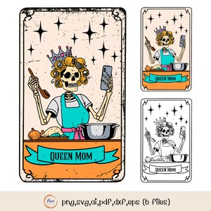 Königin Mama Tarot Karte Digitaler Download - Multitasking Skelett Mutter Illustration, Krone & Kochen - Einzigartiges Muttertagsgeschenk