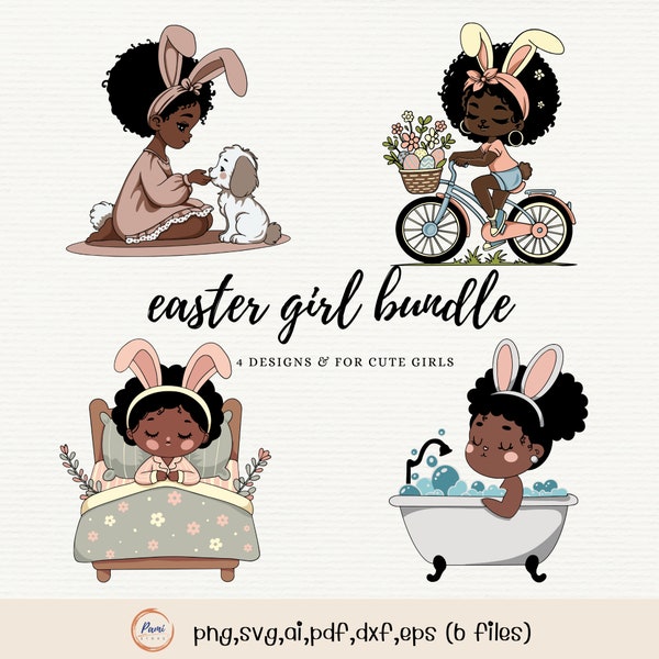 la coniglietta - pacchetto di illustrazioni digitali di Pasqua - file PNG e SVG per uso commerciale - carina ragazza afroamericana con orecchie da coniglio