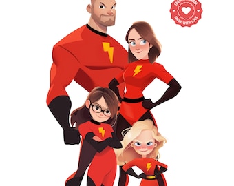 Custom Cartoon Portrait - Portrait Family Painting from Photo - Superheroes | Printed or Digital Portrait - Personalized Digital Portrait