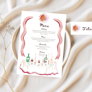 Menu and Placecards Wedding Stationery Templates, Table Setting Decor, Customizable Pink Pomegranate Moon Stars Editable Stationery Template
