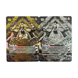 May include: Two trading cards featuring a detailed illustration of a character named Marshall D. Teach. The cards have a gold and silver color scheme, with the number "10" and "12000" displayed. Text on the cards includes "Activate: Main" and character details.