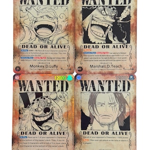 May include: Four collectible trading cards featuring characters from the "One Piece" anime series. Each card displays a "WANTED" poster design with character illustrations, text, and a "DEAD OR ALIVE" headline. The cards have a vintage, aged paper aesthetic.