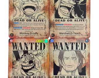 Conjunto de 4 cartas holográficas de procurado do TCG de One Piece | Conjunto de 4 cartas proxy feitas à mão