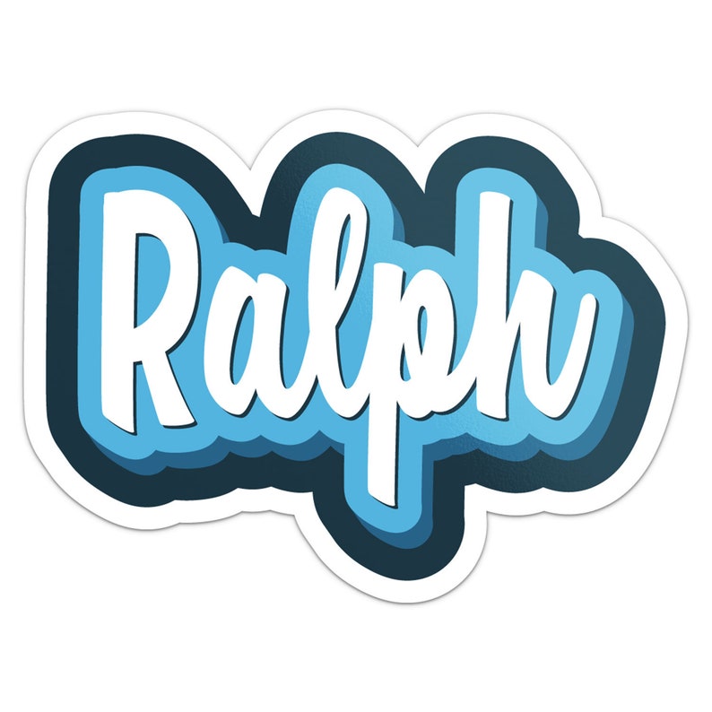 May include: A sticker with the name 'Ralph' written in white letters with a blue and dark blue outline. The sticker has a white background.