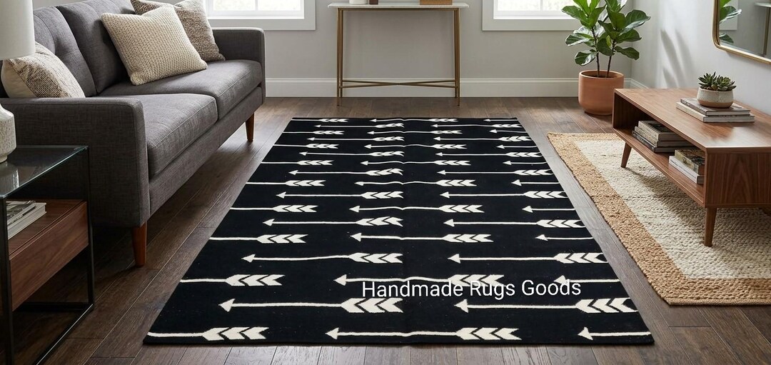 Handmade Wool Geometric Arrow Rug: Black and White Home Decor - Etsy