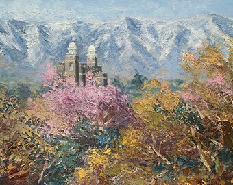 Logan Temple in the Spring   Giclee print on canvas mounted on foam board and signed