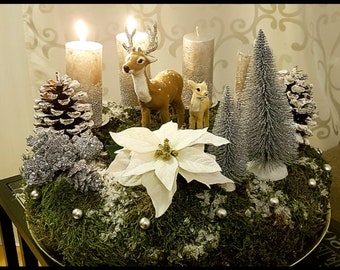 Advent wreath silver with moss, candles, poinsettia and reindeer - handmade Christmas decoration