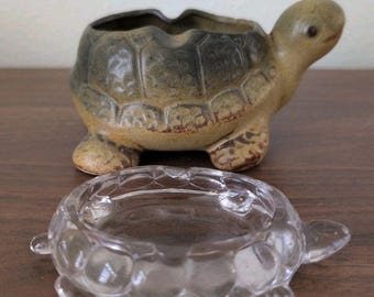 Juego VTG de 2 ceniceros con forma de tortuga, de cerámica y vidrio, para guardar objetos pequeños, estilo MCM, 4", 5".