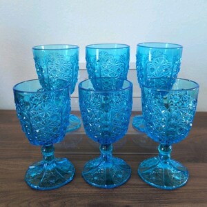 Vintage LG Wright Daisy & Button BLUE 6 Water Goblets Glasses Set Of 6