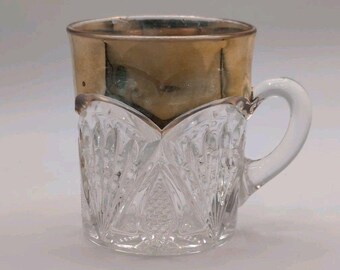 Taza Heisey Glass Early Pineapple & Fan con borde dorado, diseño Pre-Diamond H Cup EAPG