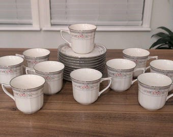 Set Of 11 NORITAKE Rothschild #7293 Ivory China Cups & Saucers