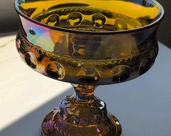 Compota o bombonera de cristal iridiscente ámbar Kings Crown de Indiana, estilo vintage.