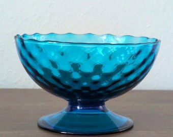 Vintage Italy Italian Empoli Optic Blue Pedestal Art Glass Candy Bowl 6"x4"
