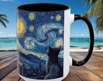 Starry Night Cat Mug, Birthday Coffee Artisan Cat Lover Gift 11oz, 15oz