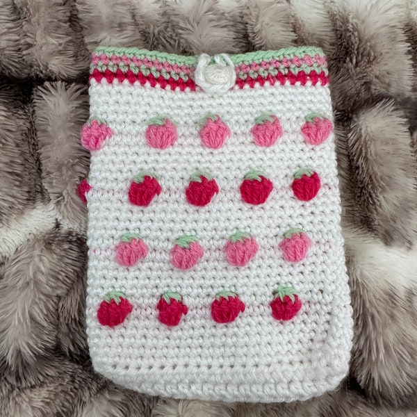 Multi pink crochet strawberry kindle small book cover sleeve