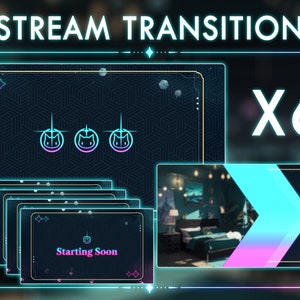 Könnte beinhalten: Ein Satz von sechs animierten Stream-Übergängen mit einem blauen und rosa Farbschema mit einem geometrischen Muster und einem Katzen-Symbol. Die Übergänge beinhalten einen Bildschirm mit dem Hinweis "Bald geht's los" und einen Bildschirm mit einem Schlafzimmer-Interieur.