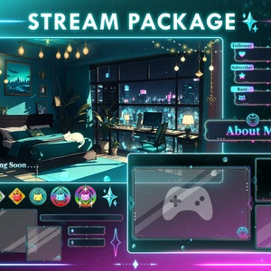 Pacote de sobreposição de stream Sala aconchegante para gatos - Twitch Stream Screens - Lofi Twitch - Vtuber Stream - Vtuber Assets - galáxia - neon
