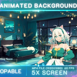Lofi Midnight Green Room: Telas de transmissão animadas do Twitch no Vtuber (5x) (download digital)