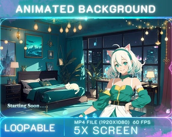 Lofi Midnight Green Room: Animated Vtuber Twitch Stream Screens (5x) (Digital Download)