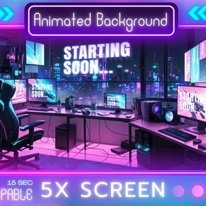Animated Background, Twitch Stream Screens, Twitch Loading Screens, Animated Screens ,Starting, 5 Animated , Purple , sci-fi blue and pink