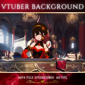 May include: A woman with long black hair and red eyes sits in a chair in a grand, ornate room. She is wearing a red and black dress and a microphone is in front of her. The room has high ceilings, chandeliers, and a large window. The text "VTUBER BACKGROUND" is at the top of the image. The text "MP4 FILE (1920X1080) 60 FPS" is at the bottom of the image.