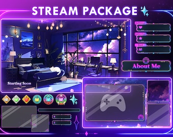 Midnight Purple Cat Stream Overlay Package: Animated Vtuber Assets (Digital Download)