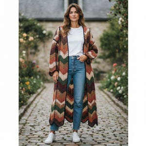 Long Coat Crochet Cardigan Pattern, Granny Stitch, Diamond colorful Batik | (English US-UK PDF) image 7