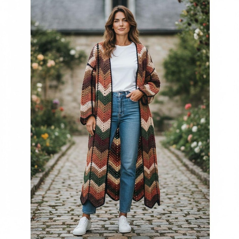 Long Coat Crochet Cardigan Pattern, Granny Stitch, Diamond colorful Batik | (English US-UK PDF) image 7