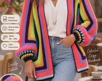 Colorful Granny Cardigan Crochet Pattern PDF, Oversized Crochet Cardigan Pattern, Granny Stitch Sweater, Women’s Crochet Pattern