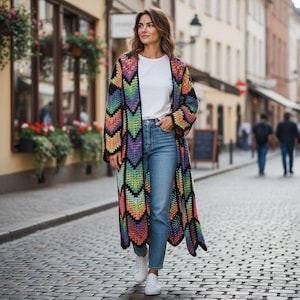 Long Coat Crochet Cardigan Pattern, Granny Stitch, Diamond colorful Batik | (English US-UK PDF) image 4