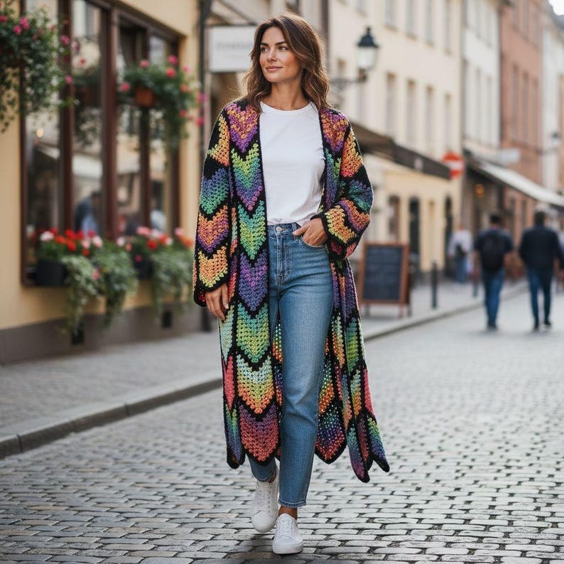 Long Coat Crochet Cardigan Pattern, Granny Stitch, Diamond colorful Batik | (English US-UK PDF) image 4