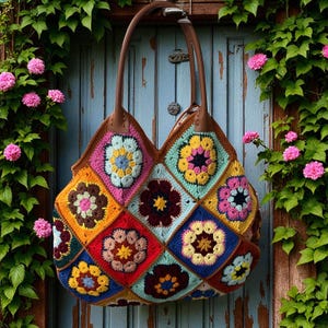 Può includere: Una colorata borsa tote all'uncinetto fatta a mano con un design patchwork. La borsa presenta una varietà di quadrati vibranti nei toni del blu, giallo, rosso e rosa, con manici in pelle marrone. Un accessorio unico ed elegante.