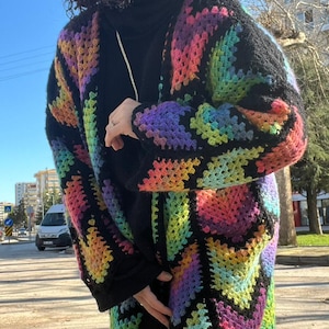 Long Coat Crochet Cardigan Pattern, Granny Stitch, Diamond colorful Batik | (English US-UK PDF) image 12