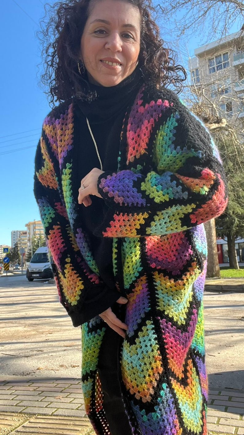 Long Coat Crochet Cardigan Pattern, Granny Stitch, Diamond colorful Batik | (English US-UK PDF) image 12